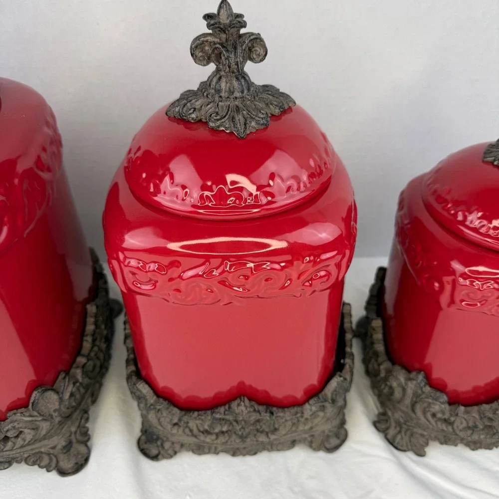Drake Design Red Ceramic Canister Set of 3 Fleur De Lis Metal Base Kitchen Decor